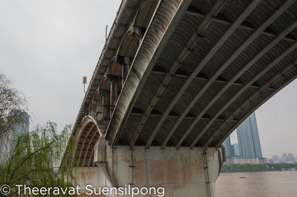 นั่งรถวิ่งบนเกาะส้ม รถวิ่งลอดสะพานที่ข้ามมาถึงเกาะ