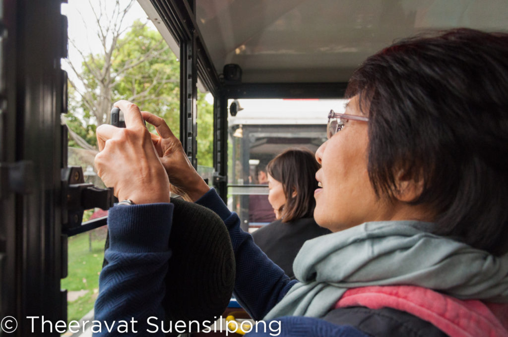 อาอี๊กำลังเอาโทรศัพท์มือถือถ่ายรูปจากในรถพาเที่ยวเกาะส้ม