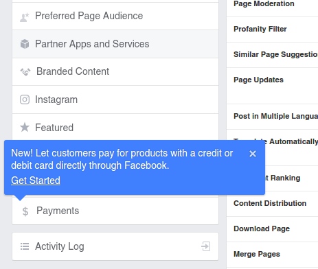 Payments menu location in Facebook Page Setting