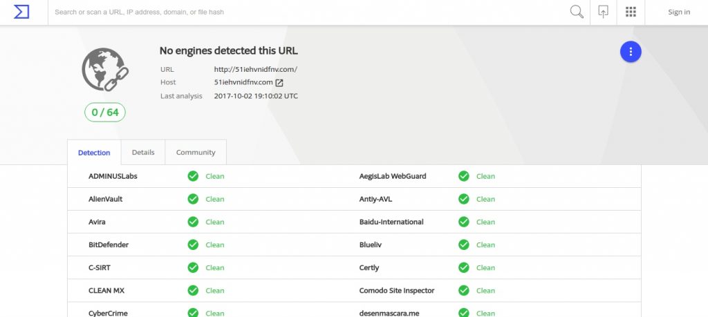 VirusTotal ผลการตรวจสอบเว็บ